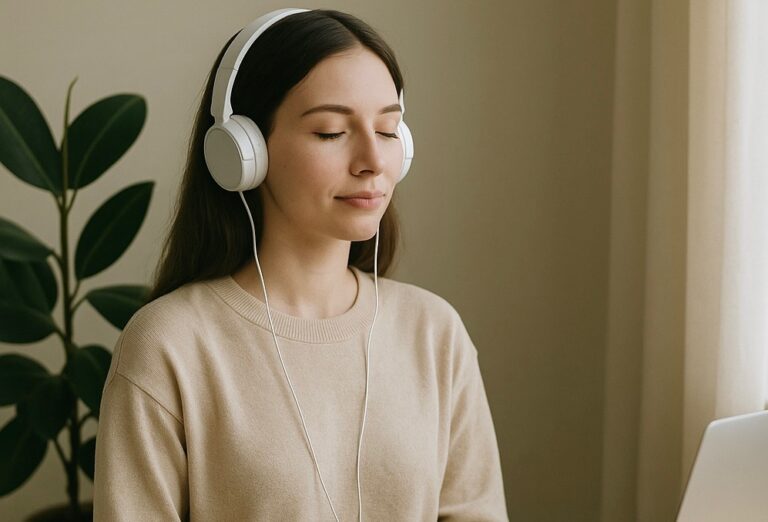 Femme détendue écoutant une séance d’hypnose pour l’arrêt du tabac en ligne, assise devant son ordinateur dans une ambiance zen et naturelle.