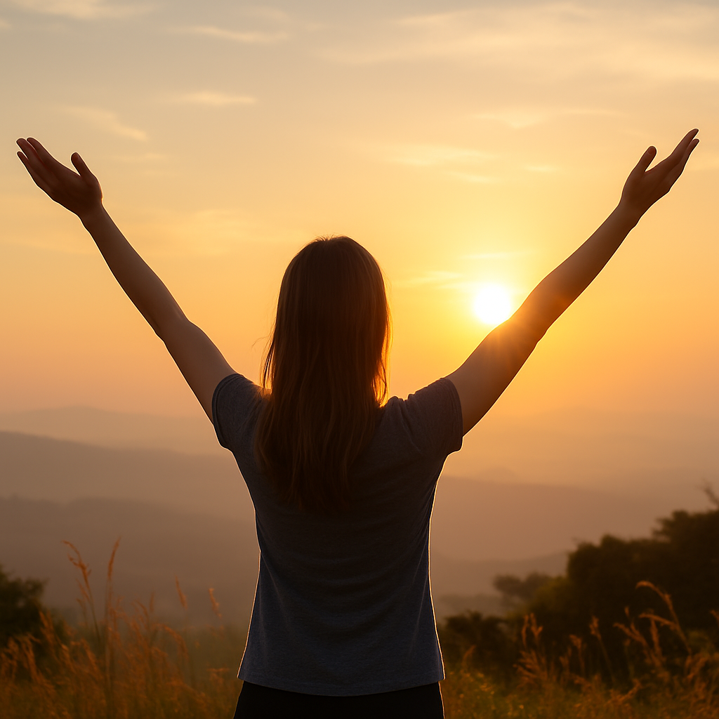 Femme face au lever su soleil, bras ouvert, symbolisant la liberté retrouvée après avoir arrêter de fumer sans grossir 