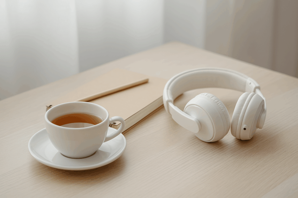 Casque audio, carnet et tasse de thé sur une table en bois, ambiance zen.