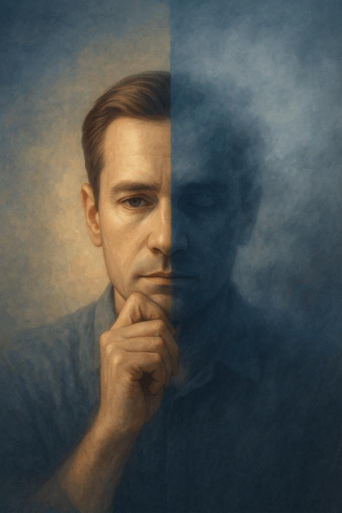 Portrait symbolisant la différence entre le conscient et le subconscient dans l’arrêt du tabac, illustrant comment l’hypnose agit en profondeur au-delà de la volonté.