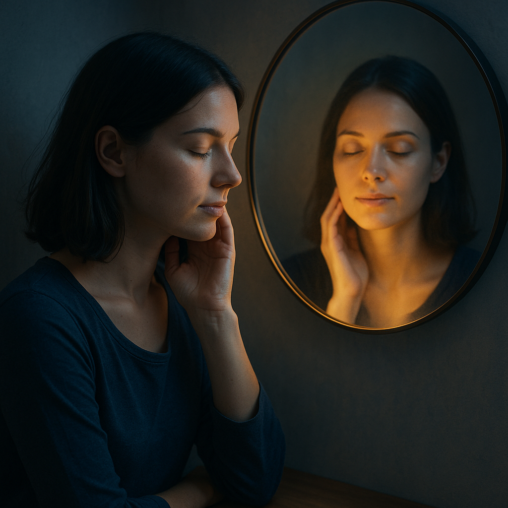 Femme apaisée regardant son reflet, symbolisant l’état d’hypnose et la transformation intérieure qui facilite l’arrêt du tabac durablement.