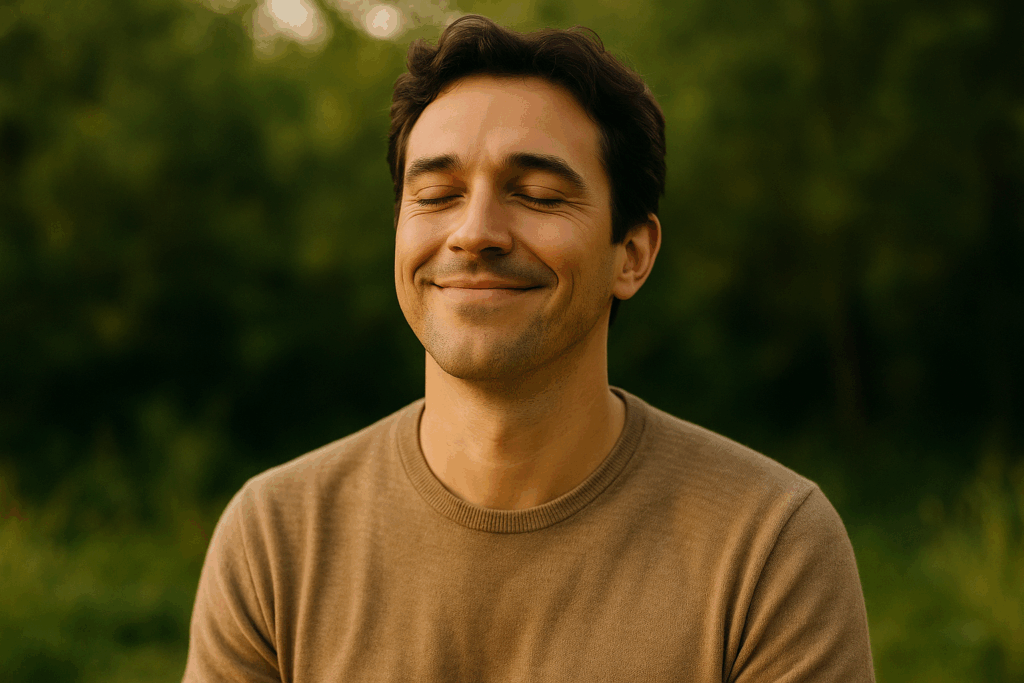 Homme détendu et souriant dans la nature, symbole du bien-être après l’hypnose pour arrêter de fumer