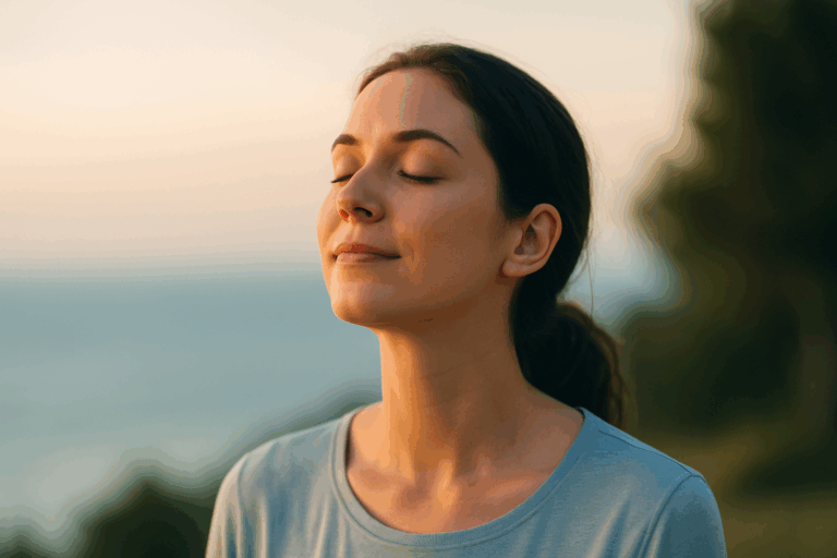 Personne apaisée les yeux fermés, symbolisant le bien-être après l’hypnose pour arrêter de fumer