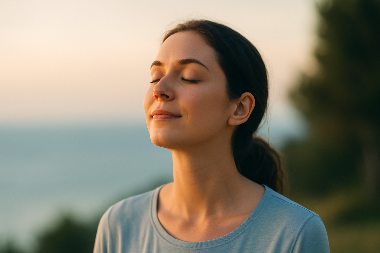 Personne apaisée les yeux fermés, symbolisant le bien-être après l’hypnose pour arrêter de fumer