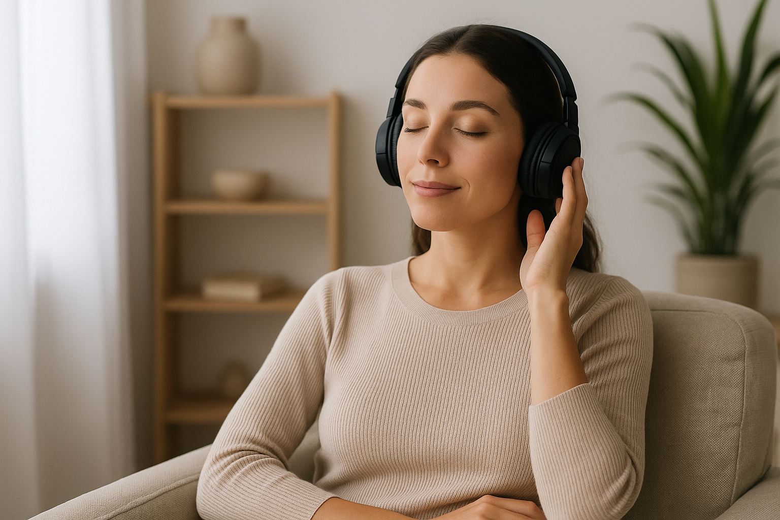 Personne détendue écoutant une séance d’hypnose pour arrêter de fumer à distance.